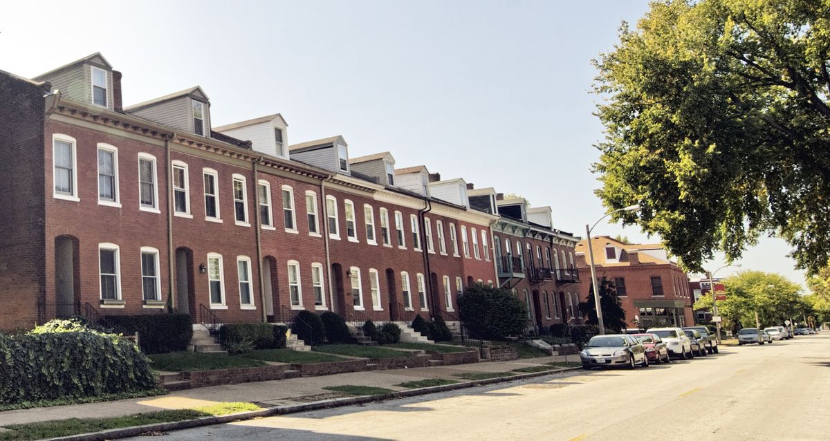 A row of red-brick rowhouses on Sidney Street in the Benton Park historic district, St. Louis
