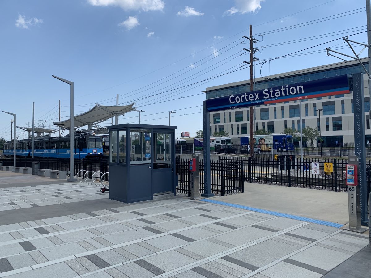 The Cortex MetroLink station entrance seen from the Brickline Greenway in St. Louis