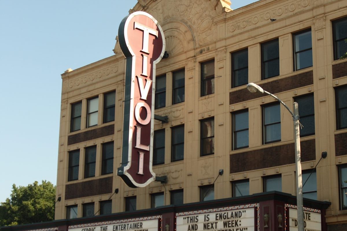 The Tivoli Theatre&rsquo;s vertical sign and marquee on Delmar Boulevard in the Delmar Loop