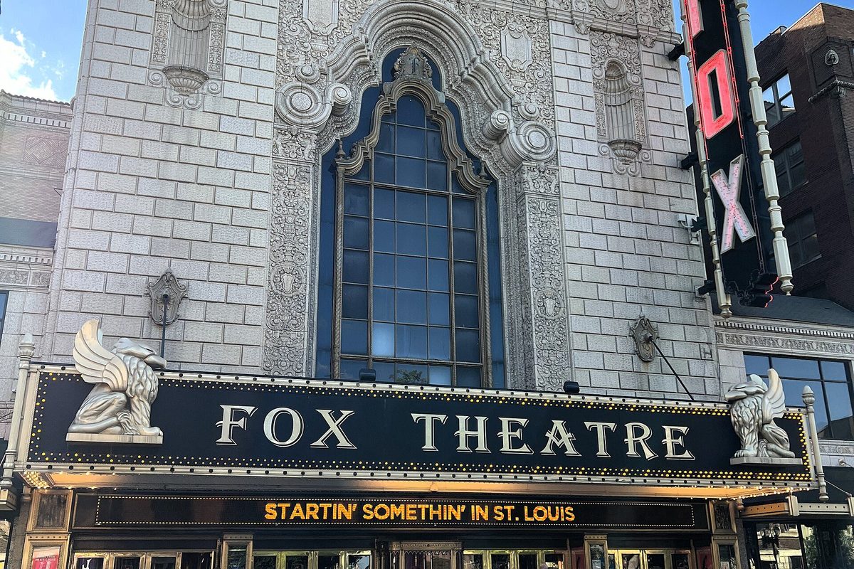 The Fox Theatre&rsquo;s ornate facade, marquee and vertical sign on North Grand Boulevard